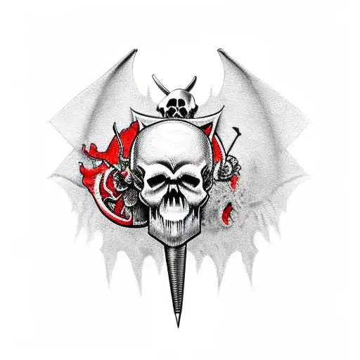 Skull With Bat Wings And Red Ornaments
