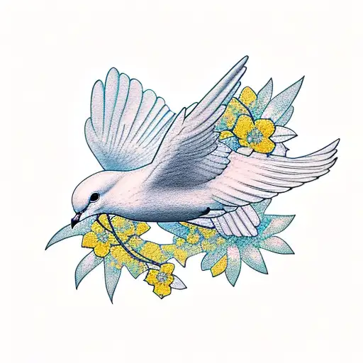Dove Flying With Flowers