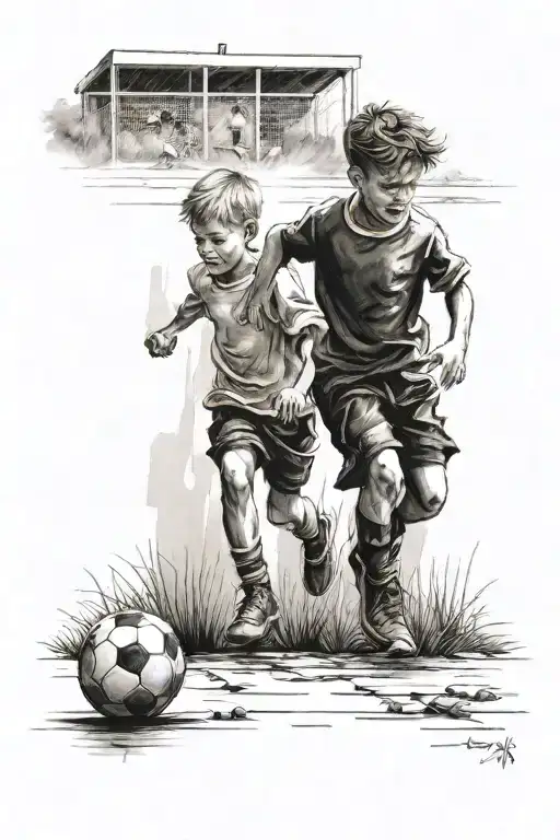Two Little Brothers Playing Soccer With The Neighborhood In The Background