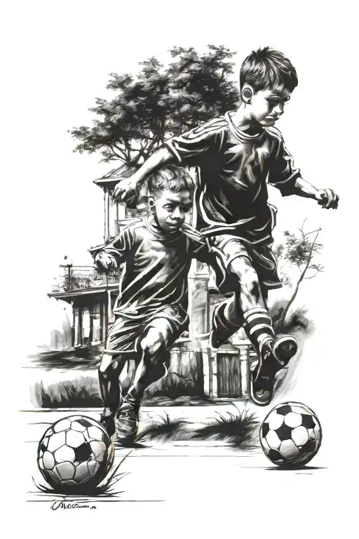 Two Little Brothers Playing Soccer With The Neighborhood In The Background