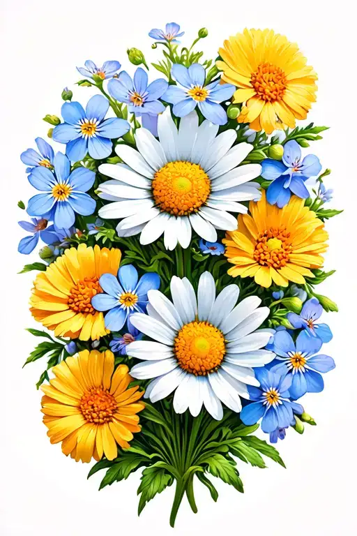 Daisy And Marigold With Forget-me-knots On Each Side