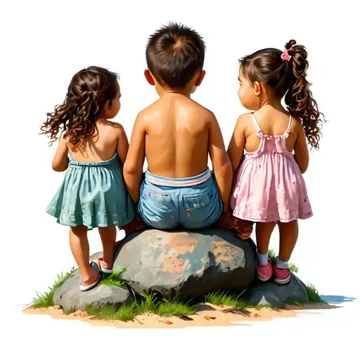 Big Boy And Two Little Girls Sitting On Rock And Watch Away