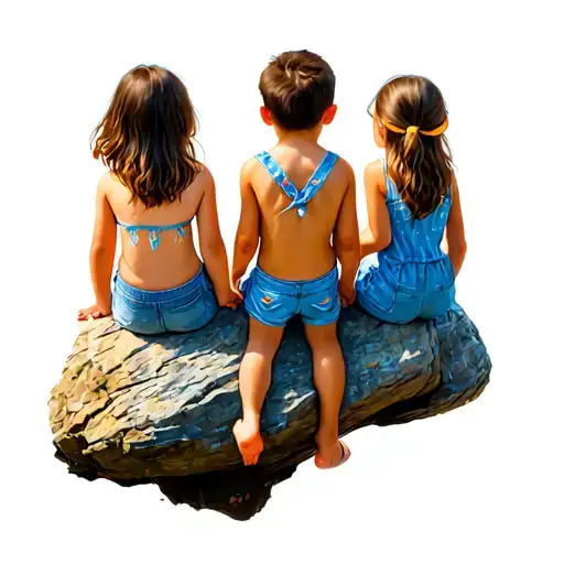 Bigger Boy 16 Years And Two Little Girls 7 Years And 12 Years Sitting On Rock And Watch Away