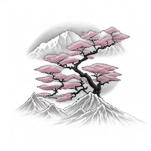 Kitana In The Ground With Mountains And A Cherry Blossom In The Background