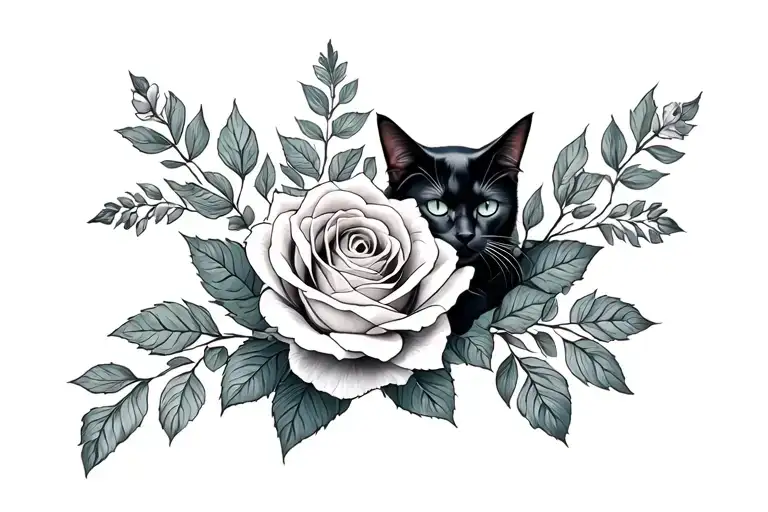 Black Cat And Rose Intertwined Representing