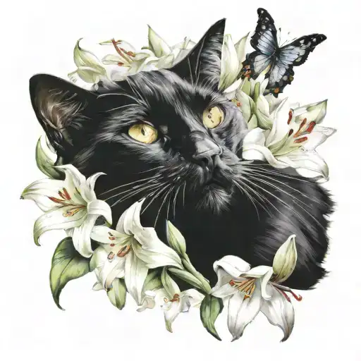 Black Cat Surrounded By Lillies Blooming