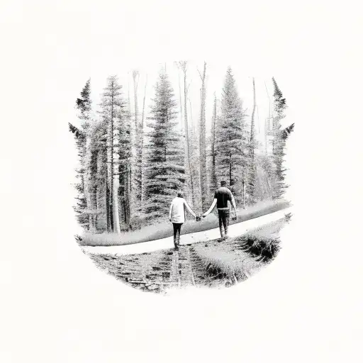 Two Brothers Holding Hands On A Pathway With A Forest Background