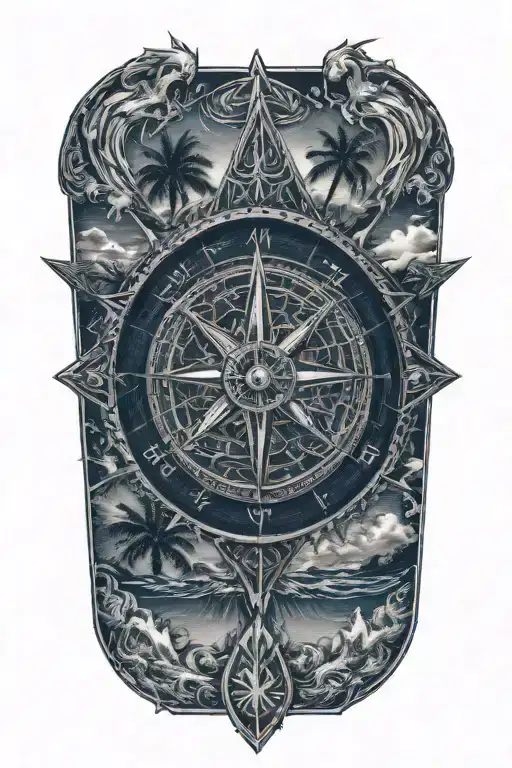 Compass And Palm Trees And Sea Waves With Viking Triangles