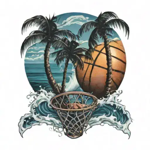 A Basketball With Palm Trees And Ocean Waves Intertwined In The Background