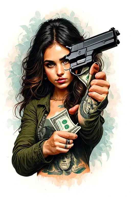 Money And A Girl Holding A Gun