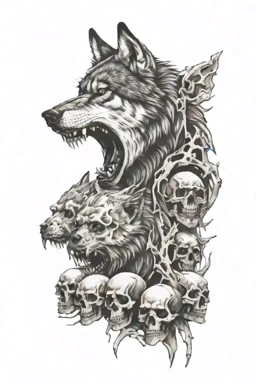 Angry Wolf And Skulls
