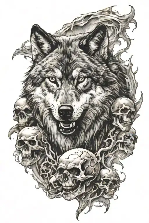 Angry Wolf And Skulls