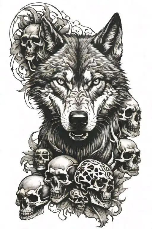 Angry Wolf And Skulls