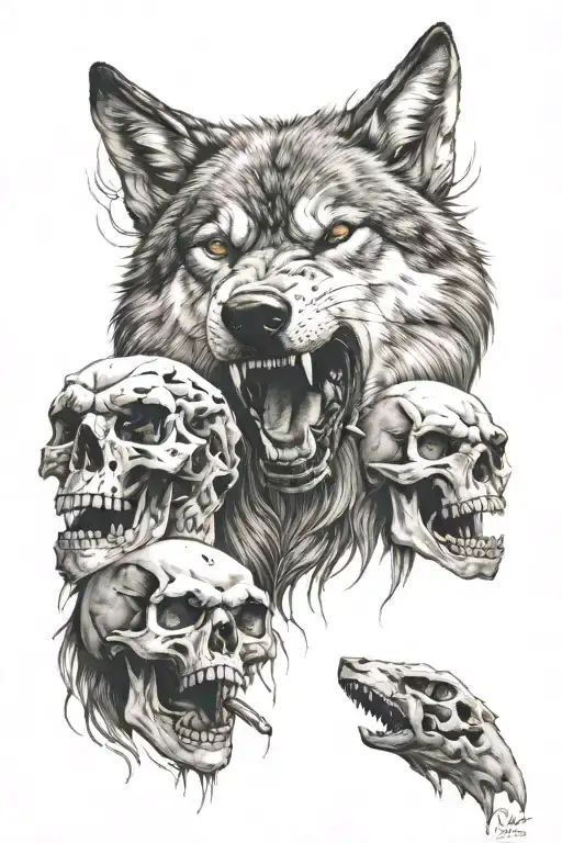 Angry Wolf And Skulls