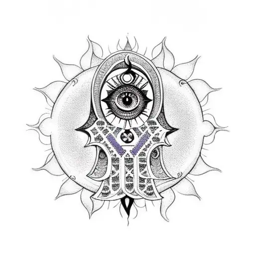 Hamsa With Sun Moon Star Yantra Lotus And Evil Eye