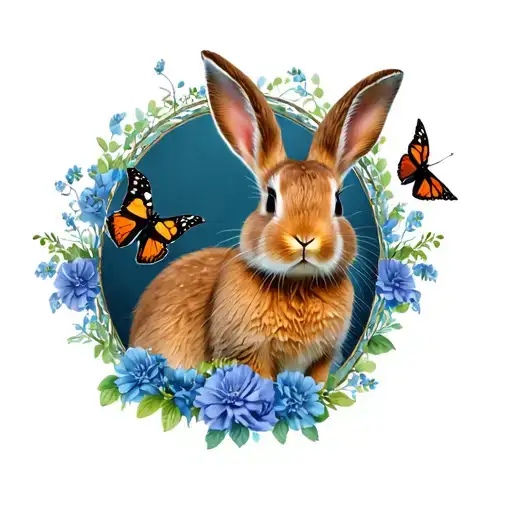 Rabbit With Three Butterflies Flying Around Ste Within An Oval Blue Floral Frame