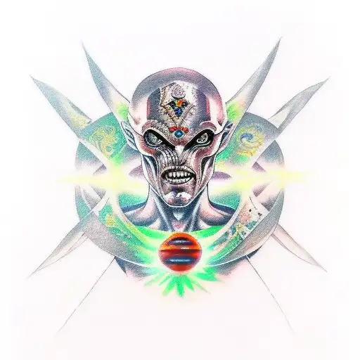 Traditional Tattoo Of An Alien Warrior Holding An Espada With Cosmic Elements