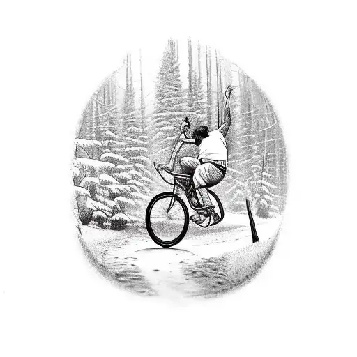 A Tattoo Of Me Jumping With A Bicycle In A Forest In France With A Warning Sign On The Lower Left