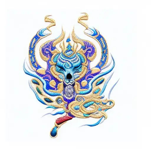Mexican Embroidery Blue And Gold Symbolic Design