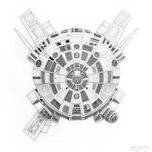 A Minimalist Tattoo Of The Millennium Falcon Soaring Through Space