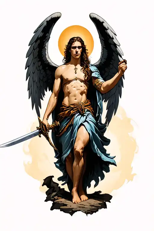 Arch Angel With Sword In Right Hand Standing On Defeating Satan