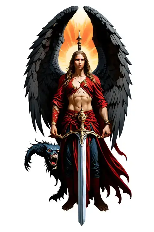 Arch Angel With Sword In Right Hand Standing On Demons