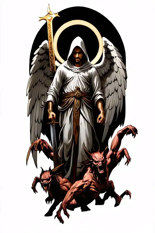 Hooded Arch Angel With Sword In Right Hand Standing On Demons