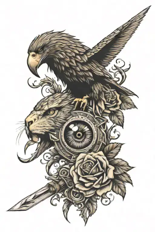 Female Eye And Lion Eye And Sword Arround Roses And Eagles