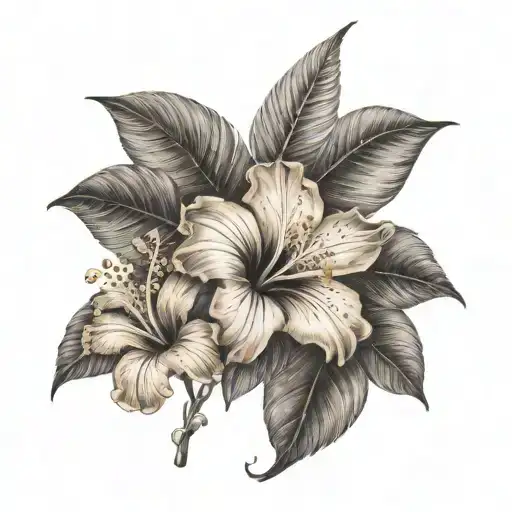 Orange Blossom With Hibiscus Flower And A Palm Tree