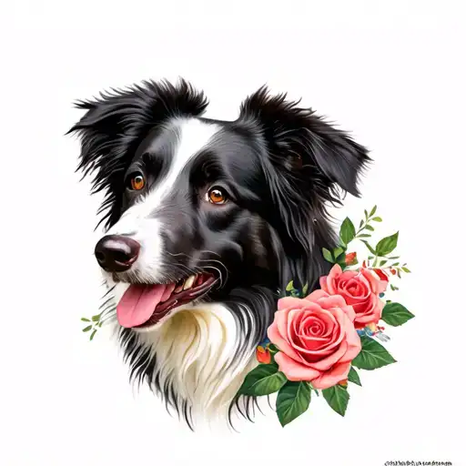 Dog Border Collie Black Head With A Roses