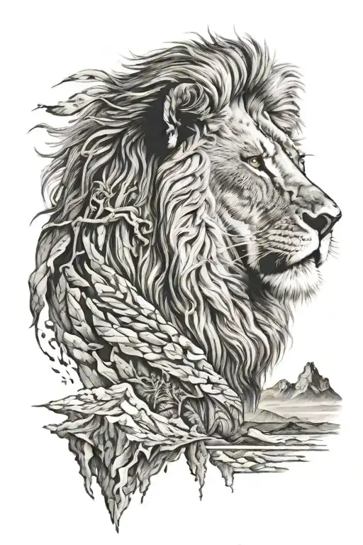 Lion With Tunder And Mountains