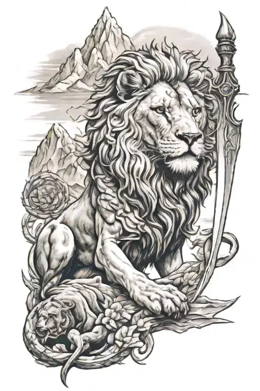 Tunder And Mountains Surrounding Lion With Sword