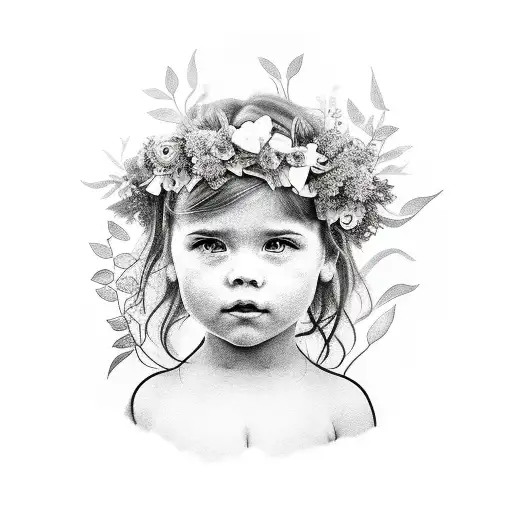 Half Head Portrait Of A Toddler Girl With Flowers And Leaves Around Her And On Her Hair