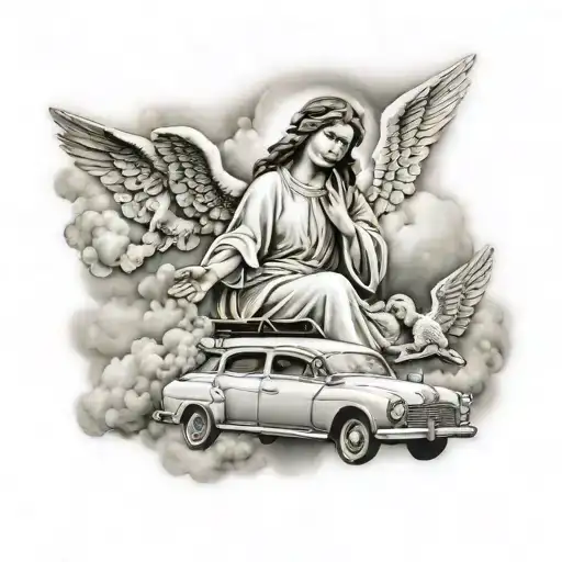 Mary In The Clouds Next To The Angels On The Road To Heaven By Truck