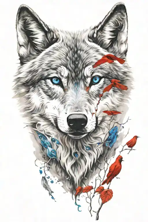 Wolf With Bright Blue Eyes And A Red Cardinal Above It Both Looking At Me