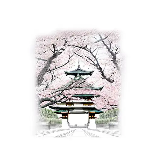 A Brave Samurai Ronin Warrior Standing Under A Torii Gate Amidst Cherry Blossoms