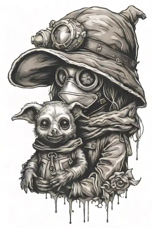 Plague Doctor And Little Girl With Gas Mask Holding A Teddy Bear