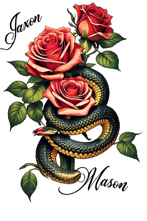 Roses With A Snake Intertwined And The Names Jaxon And Mason