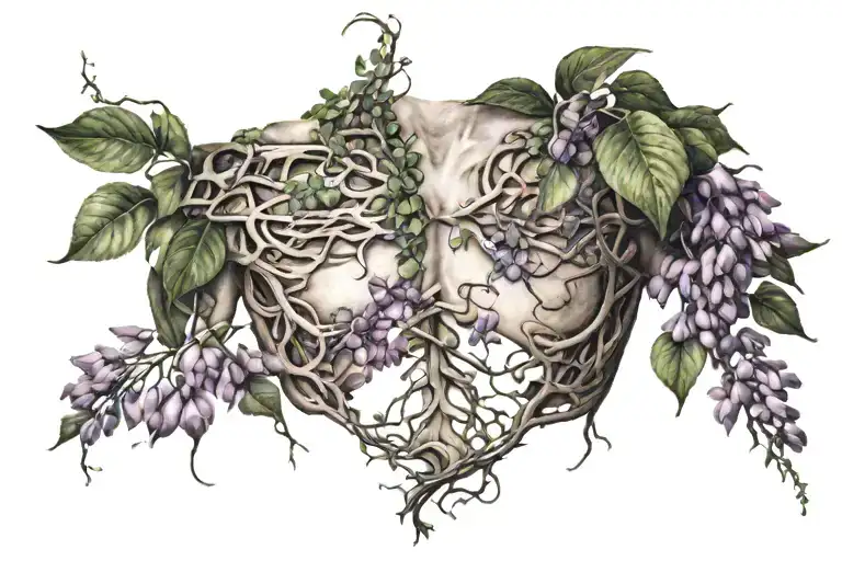 Broken Ribs Covered In Vines And Wisteria Flowers Intertwined