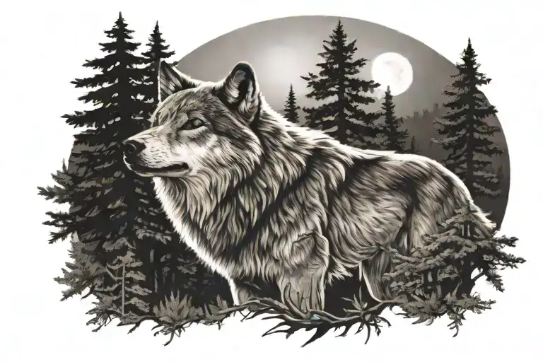 Wolf Howling At The Moon With Forest Scene