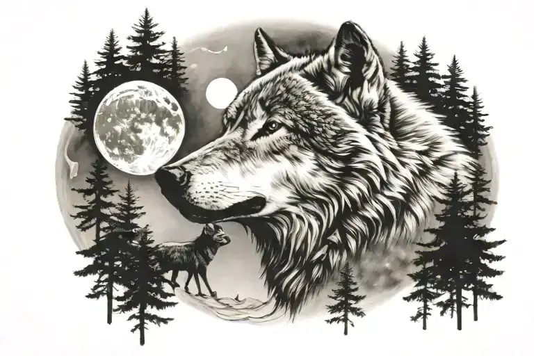 Wolf Head At The Moon With Forest Scene Inspired