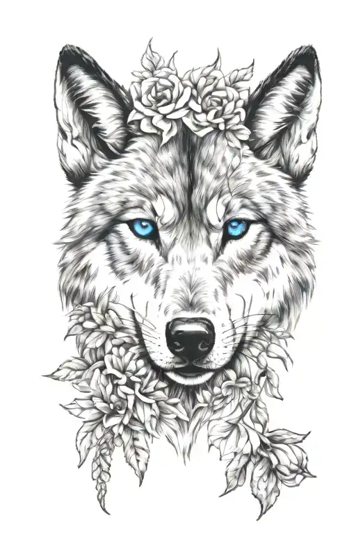 Wolf Head Blue Eyes Surrounded With Flowers