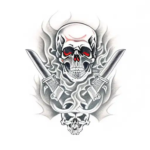 Death Skull With Sword And Flames