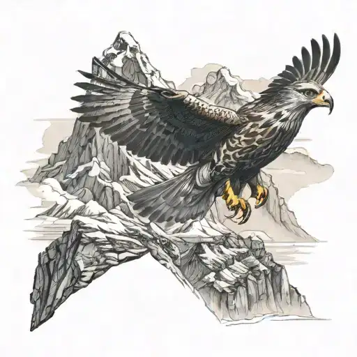 A Majestic Mountain Range With A Hidden Falcon Soaring Above It
