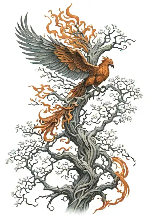 Fiery Phoenix With Family Oak Tree Intertwined