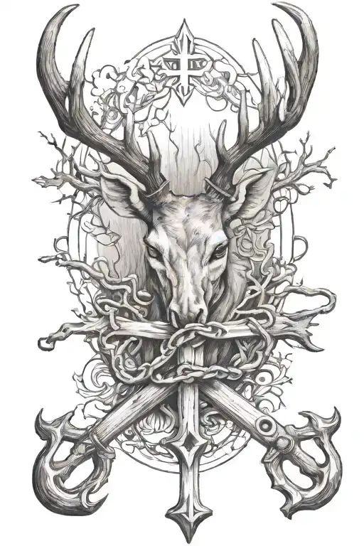 Fishing Hook And Deer Antlers Surrounding A Cross