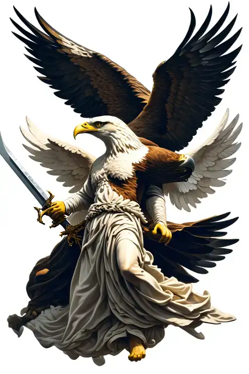 Eagle Flies Behind An Angel With A Sword And Wings