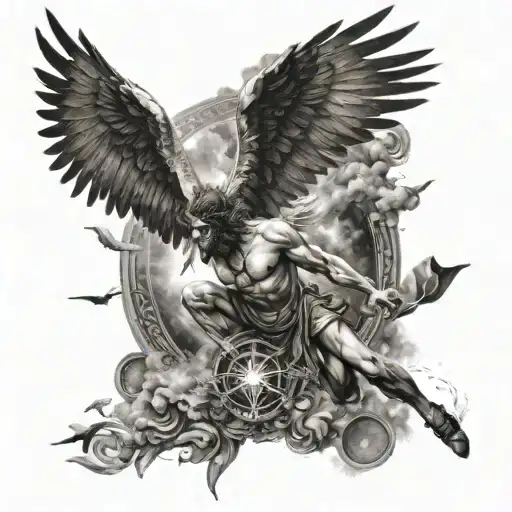 Icarus Falling From Sky With Lucifer Eye Symbol Integrated