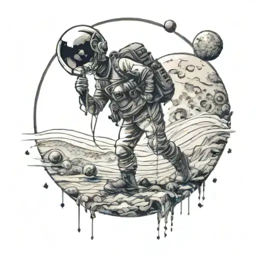 A Man With A Microphone Standing On A Moon With Small Planets Orbiting It