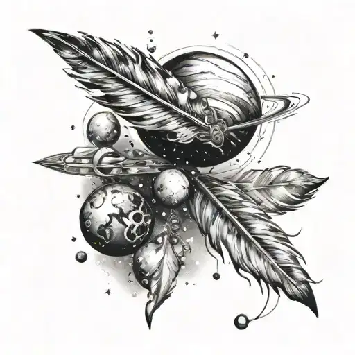 A Feather Pen In Space Being Orbitted By Planets